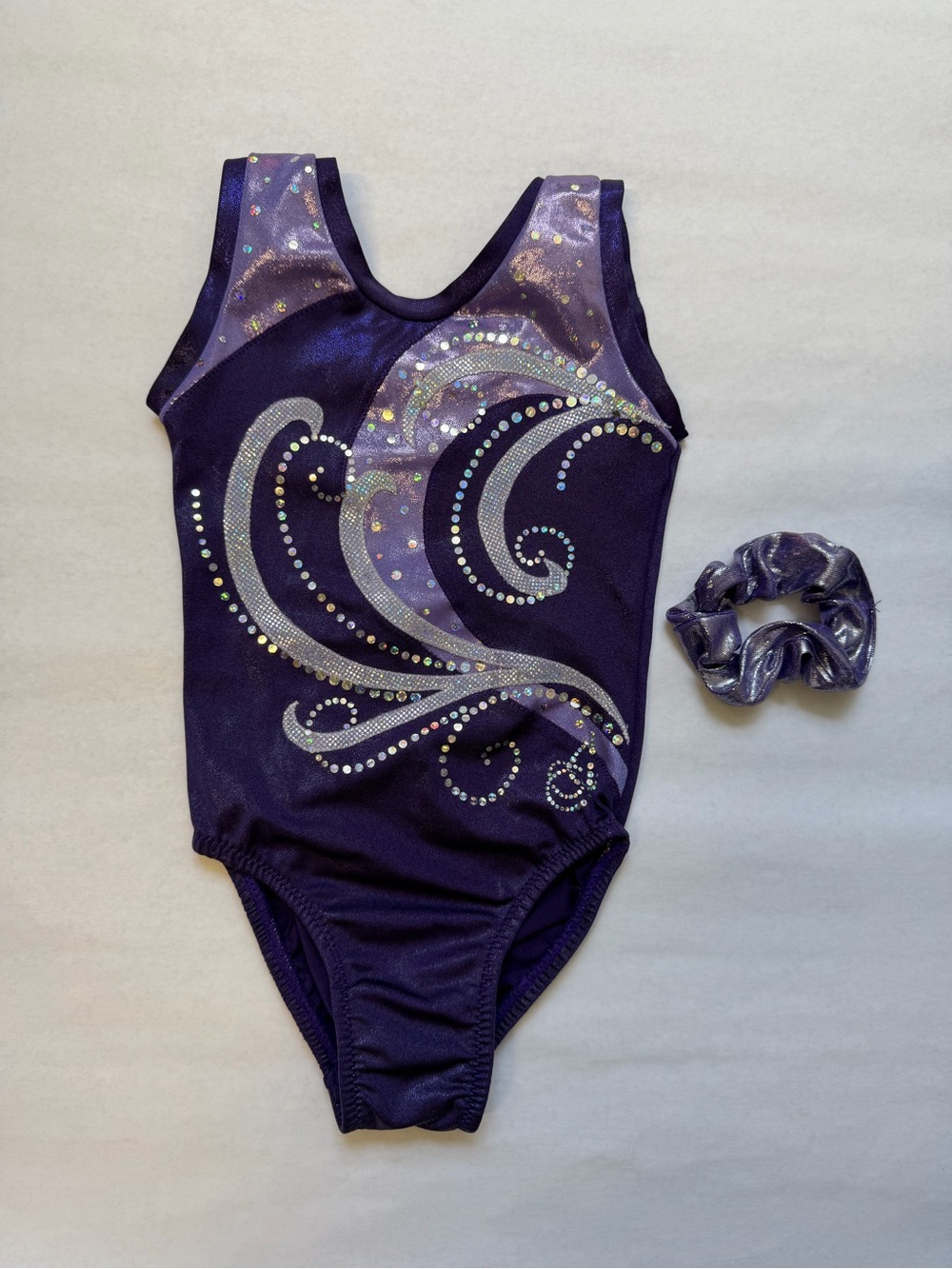 Size 5 / 6 Purple Sparkle Metallic Gymnastics Leotard with Hair Scrunchie